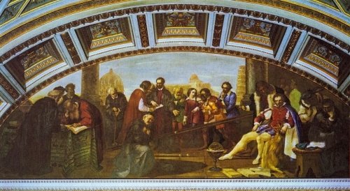 Galilei a lejtőn való mozgást mutatja be Don Giovanni de' Medici-nek. Giuseppe Bezzuoli falfreskója, 1839 (Museo di Storia Naturale di Firenze - Sezione di Zoologia "La Specola" - Tribuna di Galileo).