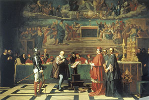 Galileo Galilei a Szent Hivatal előtt. Joseph Nicolas Robert-Fleury olajfestménye, 1847. (Musée du Louvre, Paris)
