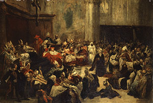  Galileo Galilei a szent tanács előtt. Friedrich Karl Hausmann olajfestménye, 1852. (Wallraf-Richartz-Museum, Köln)