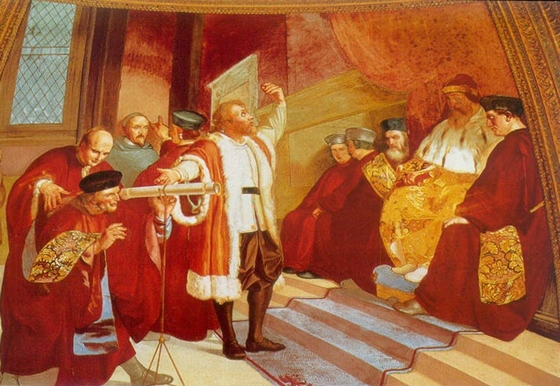 Galilei bemutatja távcsövét a velencei szenátoroknak Velencében, a Szent Márk Székesegyház kupolájában,Luigi Sabatelli freskója 1840-ből, Firenze, Tribuna di Galileo