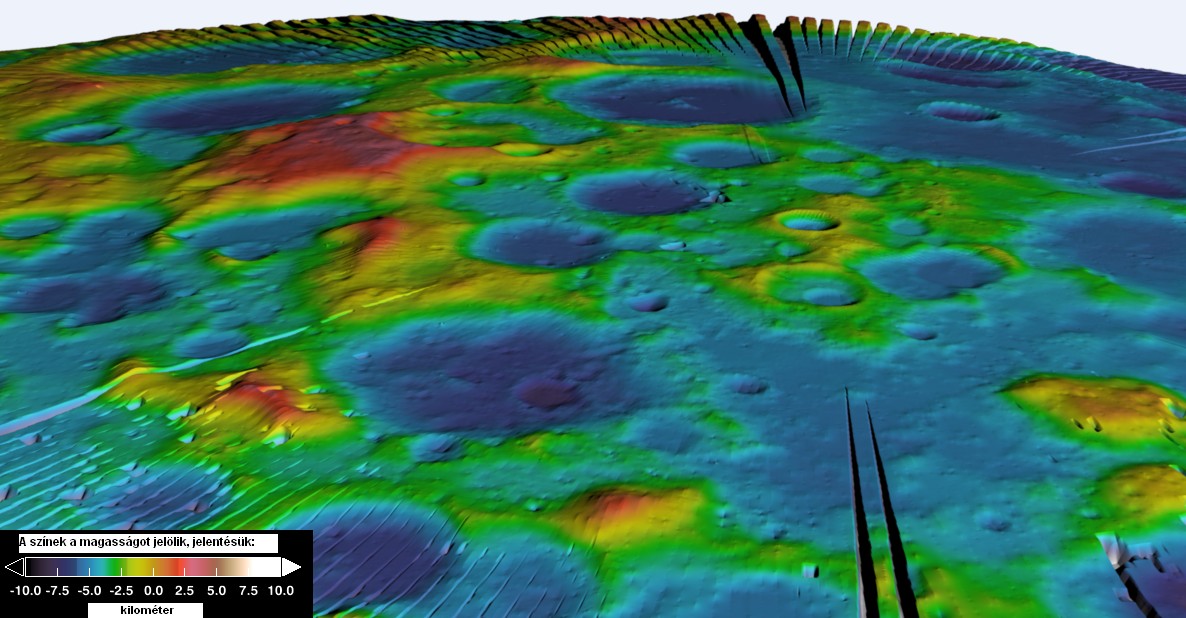 A LOLA adatai alapján készített számítógépes kép; a Hold déli pólusánál levő területen előforduló magasságokról